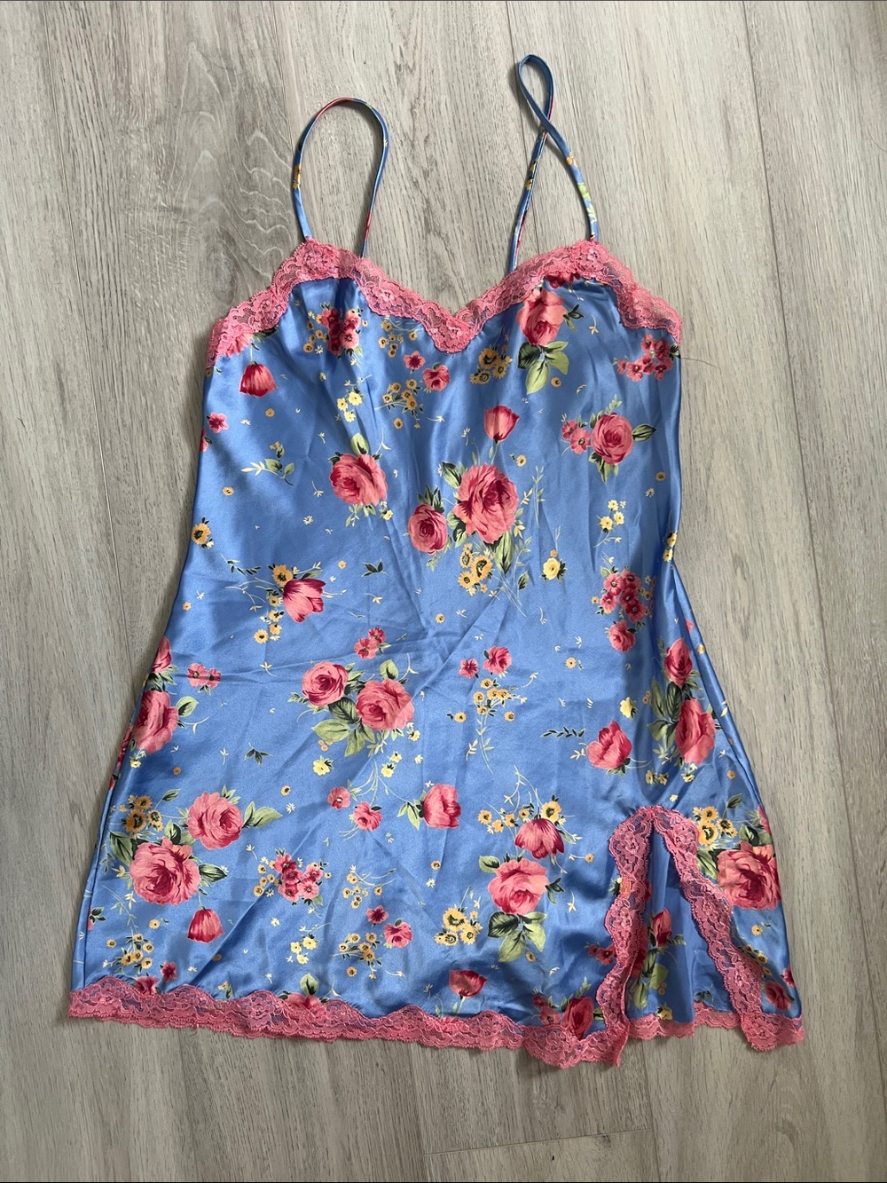 Victoria's Secret Bright Satin Floral Lace Trim Slip Dress Lingerie Size Small